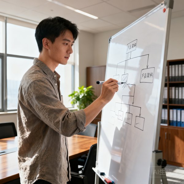 产品负责人孙浩然工作照，年轻男性在会议室白板前绘制产品架构图，身穿休闲衬衫