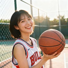 一位穿篮球球衣的年轻女性球迷头像，手持篮球，站在露天球场旁，笑容灿烂